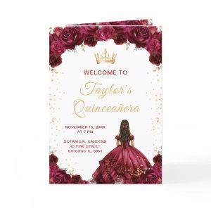 Burgundy Red Princess Floral Quinceañera Program