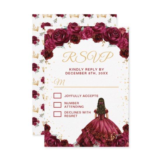 Burgundy Red Princess Floral Quinceañera RSVP Card