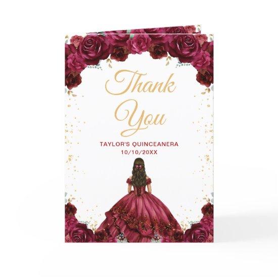 Burgundy Red Princess Floral Quinceañera Thank You Card