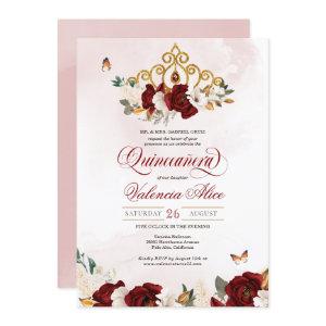 Burgundy Red Rose Butterfly Quinceanera Gold Tiara