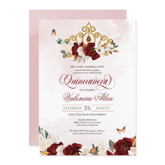 Burgundy Red Rose Butterfly Quinceanera Gold Tiara