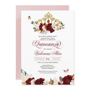 Burgundy Red Rose Butterfly Quinceanera Gold Tiara