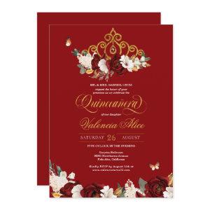 Burgundy Red Rose Butterfly Quinceanera Gold Tiara