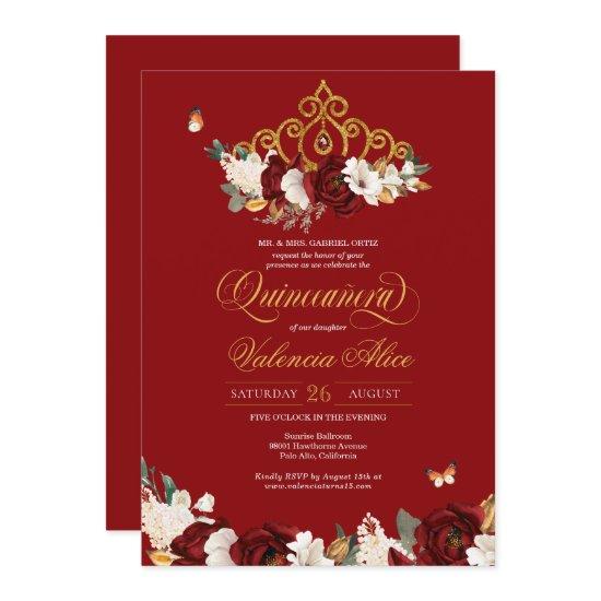 Burgundy Red Rose Butterfly Quinceanera Gold Tiara