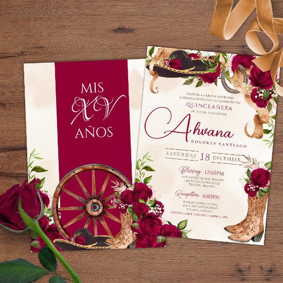 Burgundy Red Rose Charro Western Quinceanera