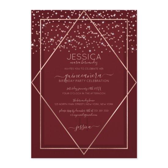 Burgundy Red Rose Gold Confetti Border Quinceañera