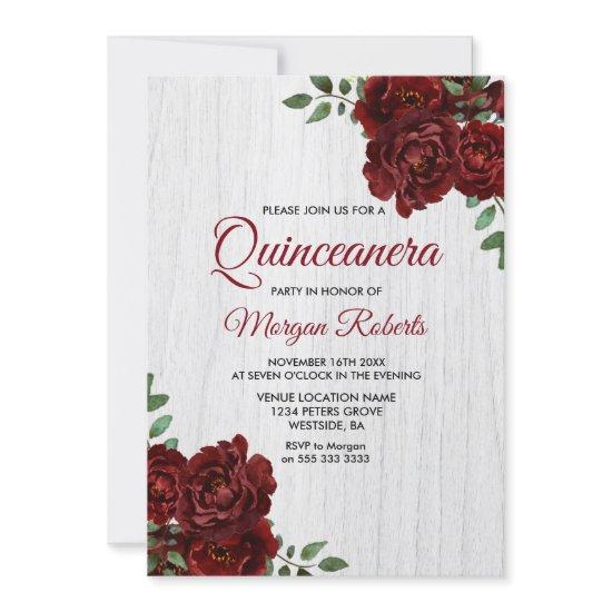 Burgundy Red Rose Rustic White Quinceanera Invite