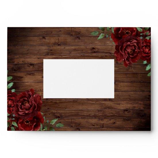 Burgundy Red Rose Rustic Wood  Envelope