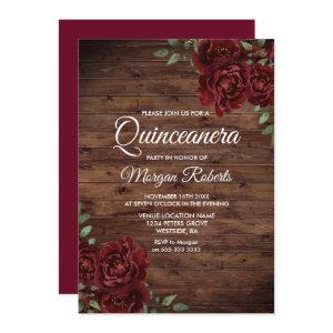 Burgundy Red Rose Rustic Wood Quinceanera Invite