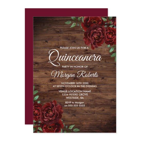 Burgundy Red Rose Rustic Wood Quinceanera Invite