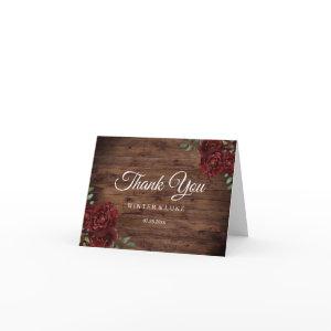 Burgundy Red Rose Rustic Wood Wedding Thank You