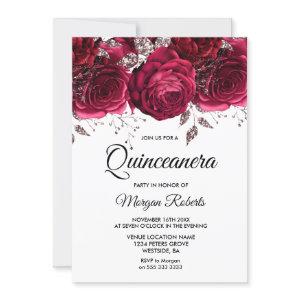 Burgundy Red Rose Silver Floral Quinceanera Party