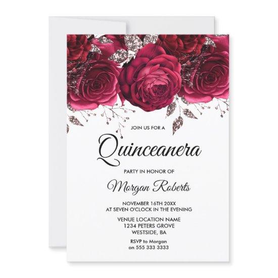 Burgundy Red Rose Silver Floral Quinceanera Party