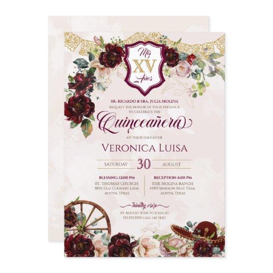 Burgundy Red Roses Elegant Charro Quinceanera