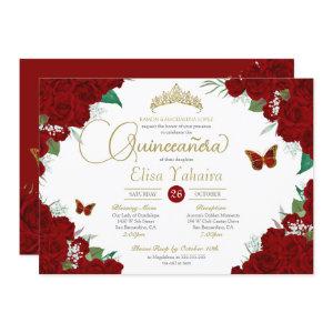 Burgundy Red Roses Floral Butterfly Quinceanera