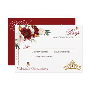 Burgundy Red Roses Gold Tiara Quinceanera RSVP Card