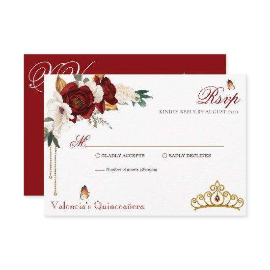 Burgundy Red Roses Gold Tiara Quinceanera RSVP Card