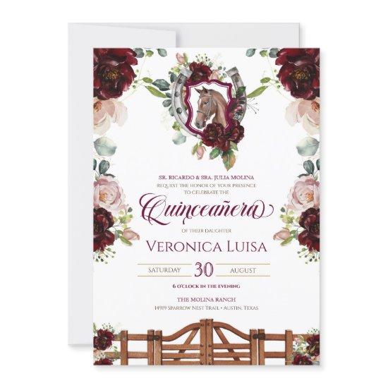 Burgundy Red Roses Horse Crest Rustic Quinceanera