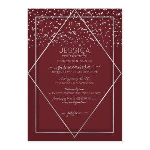 Burgundy Red Silver Confetti Border Quinceañera