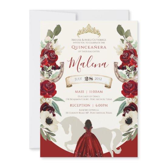 Burgundy Red Watercolor Elegant Charro Quinceanera