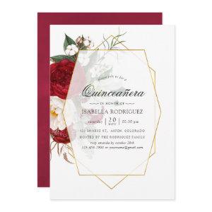 Burgundy Red & White Floral Geometric Quinceañera
