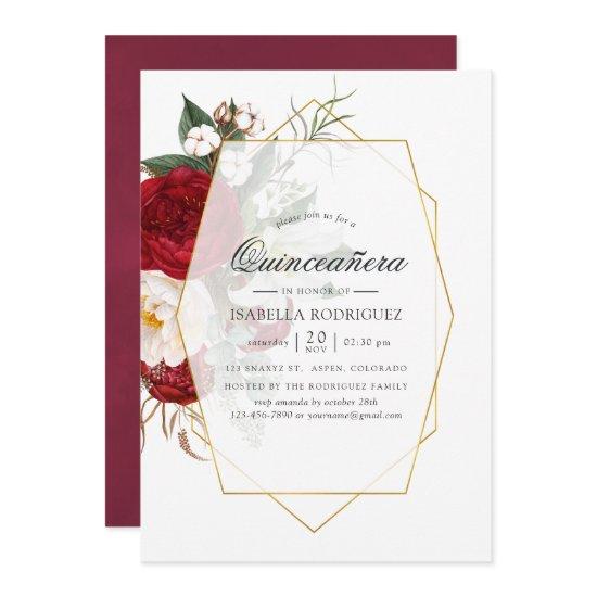 Burgundy Red & White Floral Geometric Quinceañera