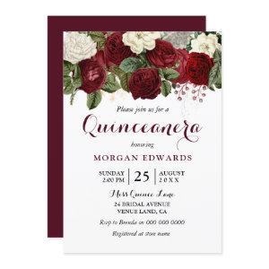 Burgundy Red White Roses Quinceanera Invite
