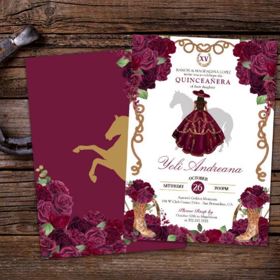 Burgundy Rose Boots Charro Vestidos Quinceañera