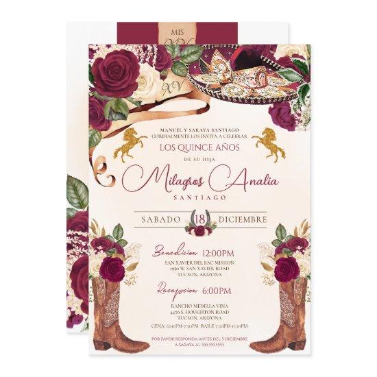 Burgundy Rose Elegant Western Charro Quinceañera