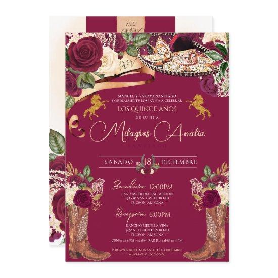 Burgundy Rose Fancy Mariachi Charro Quinceanera