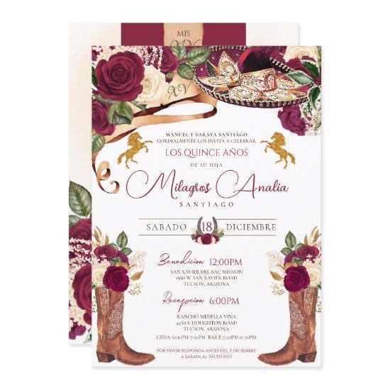Burgundy Rose Fancy Western Charro Quinceanera
