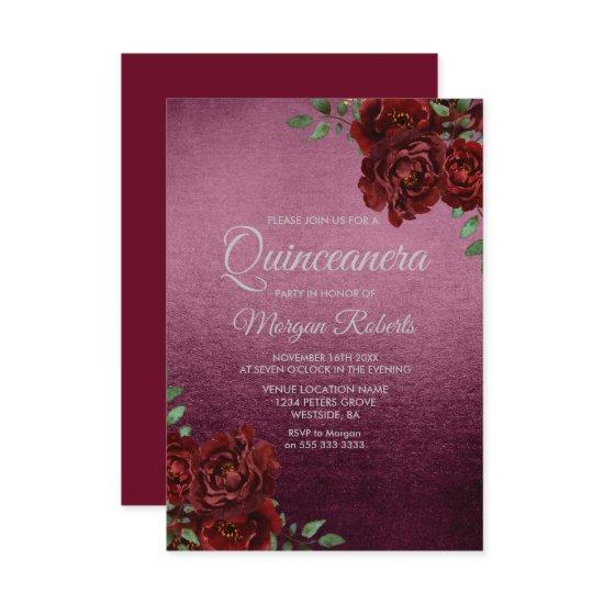 Burgundy Rose Foil Look Quinceanera Invite