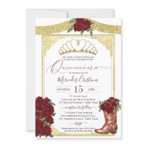Burgundy Rose Gold Floral Boot Charro Quinceanera
