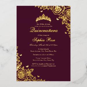 Burgundy Rose Gold Floral Quinceanera Birthday  Foil