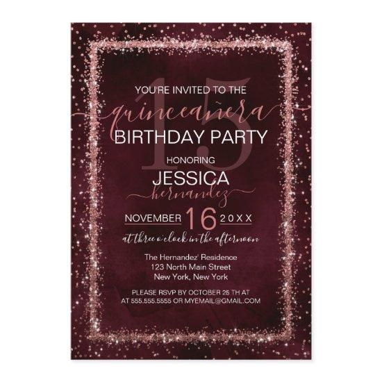 Burgundy Rose Gold Sprinkled Confetti Quinceañera
