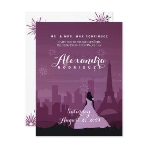 Burgundy Rose Pink Paris Fireworks Quinceañera Postcard