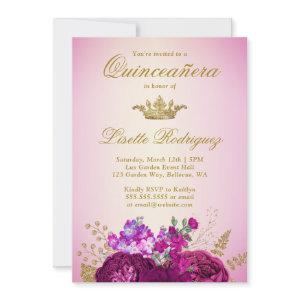 Burgundy Roses Gold Crown Tiara Quinceanera
