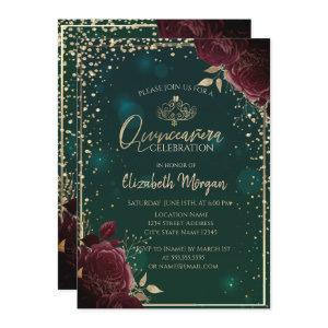 Burgundy Roses,Gold Tiara,Diamonds Quinceañera