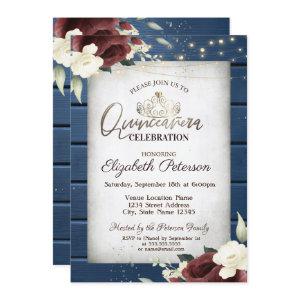 Burgundy Roses,Navy Blue Wood Quinceañera