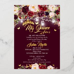 Burgundy Rustic Floral Butterfly Quinceanera Foil