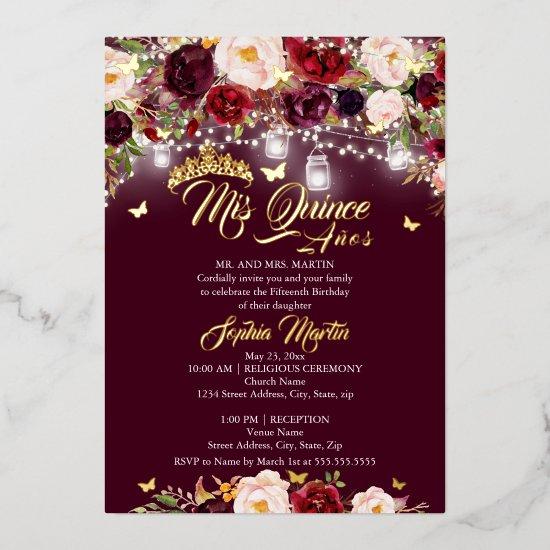 Burgundy Rustic Floral Butterfly Quinceanera Foil