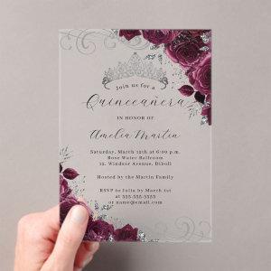 Burgundy Silver Clear Acrylic Floral Quinceanera  Acrylic
