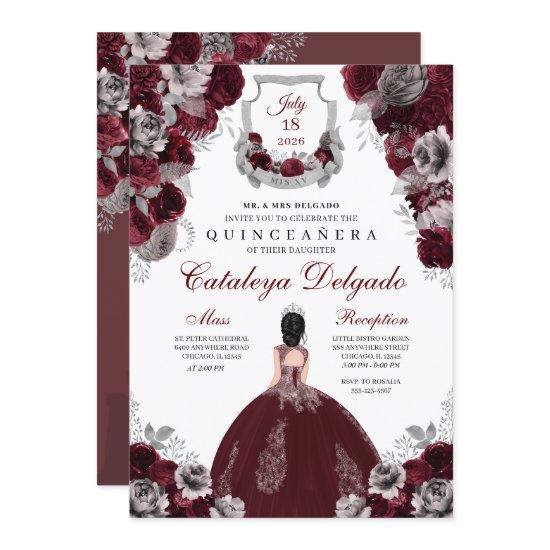 Burgundy & Silver Floral Elegant Quinceañera