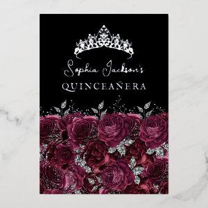 Burgundy Silver Floral Rose Quinceanera Foil