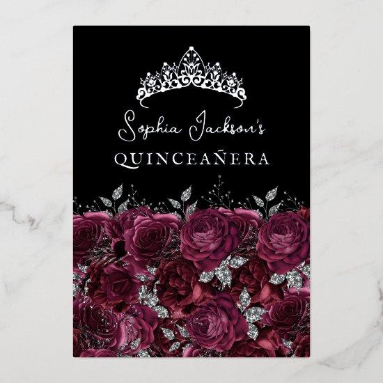 Burgundy Silver Floral Rose Quinceanera Foil