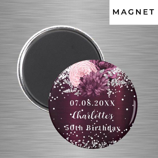 Burgundy silver florals birthday save the date magnet