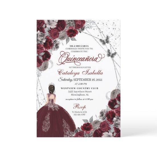 Burgundy Silver Glitter Butterfly  Quinceanera