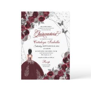 Burgundy Silver Glitter Butterfly  Quinceanera