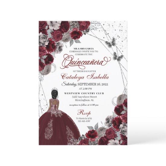 Burgundy Silver Glitter Butterfly  Quinceanera