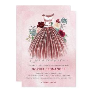 Burgundy Silver glitter Floral Dress Quinceañera